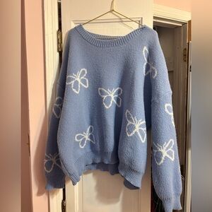 ROMWE Blue Sweater with White Butterfly Design